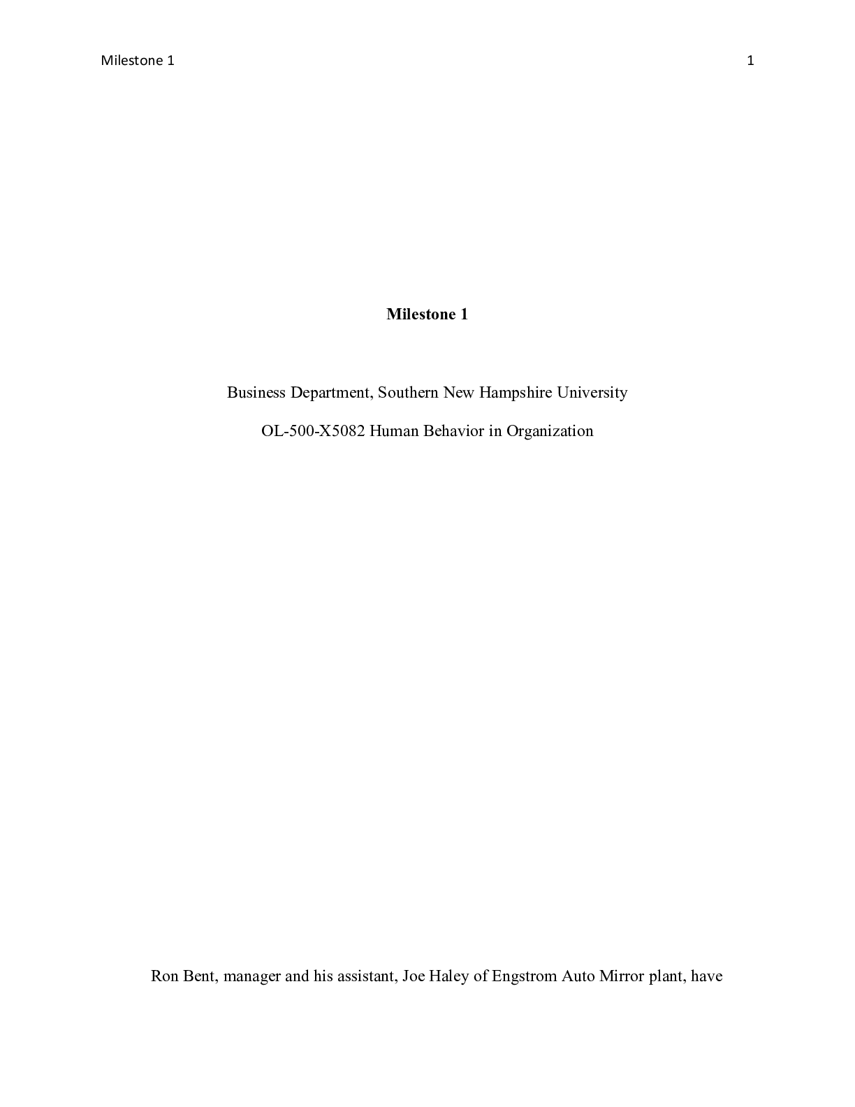 Preview image for Milestone 1.doc    Milestone 1  Business Department, Southern New Hampshire University  OL